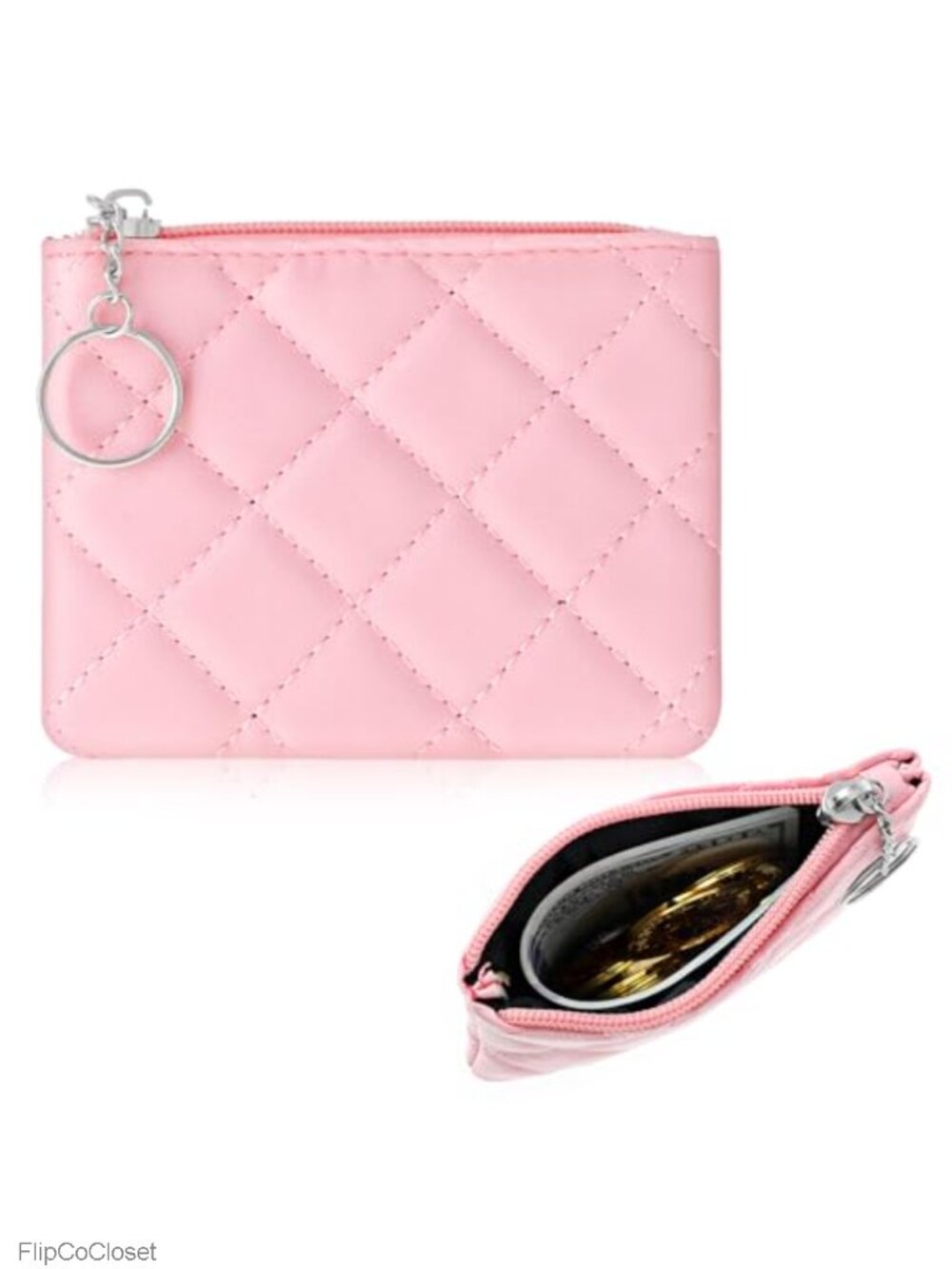 PU Leather Zipper Coin Purse with Keyring Small Change Wallet